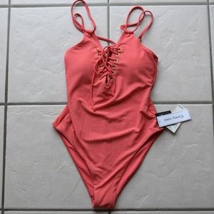 HULA HONEY Pink Ribbed Lace-up One-Piece Swimsuit